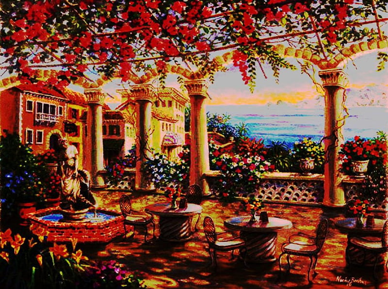 Mediterranean Veranda, tables, houses, blossoms, artwork, italy, HD wallpaper