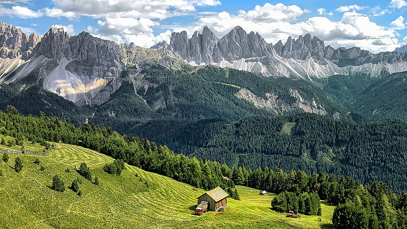 Italian alpine landscape, Dolomites, Landscape, The Alps, Grasslands, Meadows, Italy, Forests, Bressanone, HD wallpaper