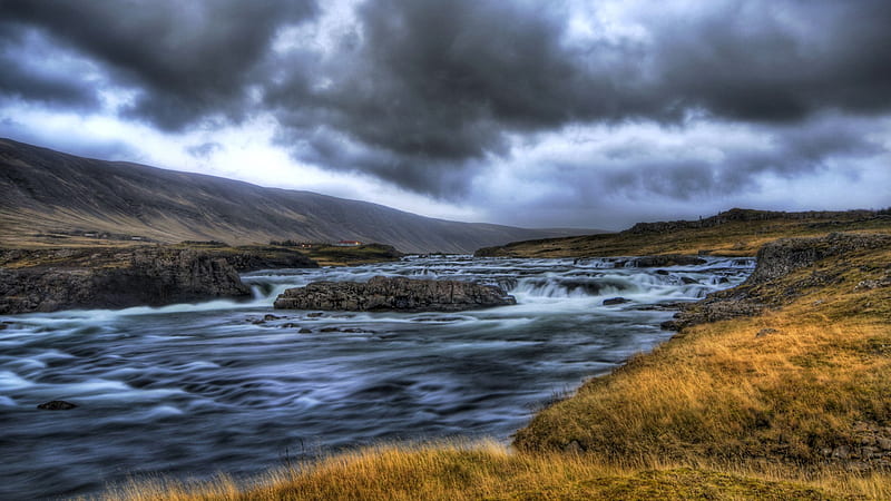 Iceland river, north, colors, iceland, sky, clouds, wall, water, nature, colours, river, HD wallpaper