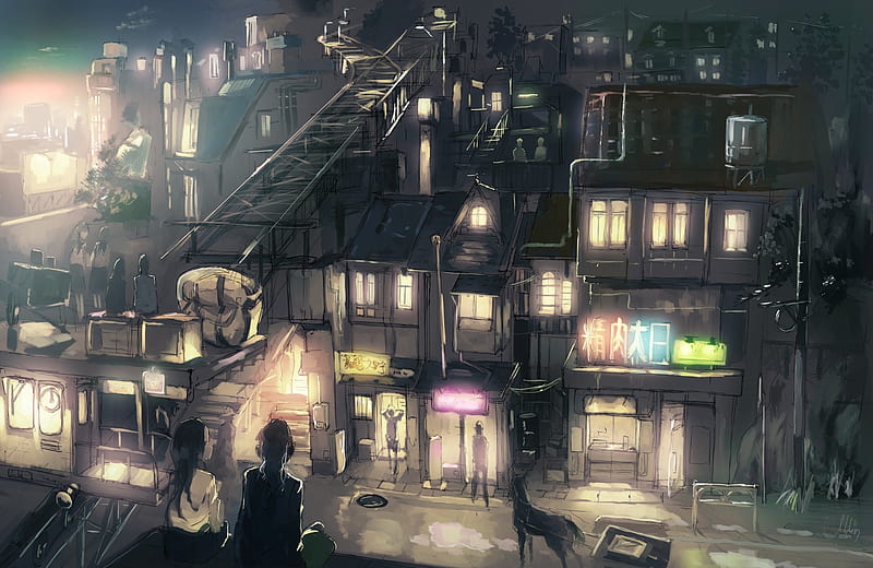 anime city, buildings, night, industrial, people, scenic, artwork, Anime, HD wallpaper