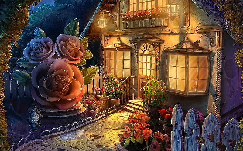 Fantasy cottage with a Dreamy Garden, Dreamland, Fairytale, House, Cottage, Fantasy Garden, HD wallpaper