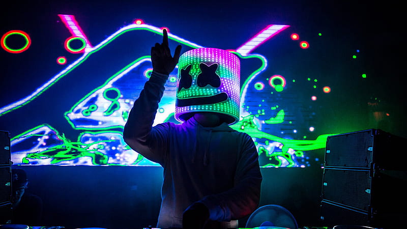 DJ Marshmello With Colorful LED Light Helmet Wearing White Dress Marshmello, HD wallpaper