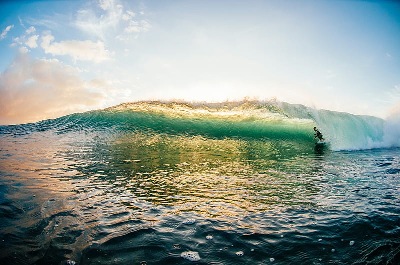surfer, surfing, wave, ocean, sky, HD wallpaper