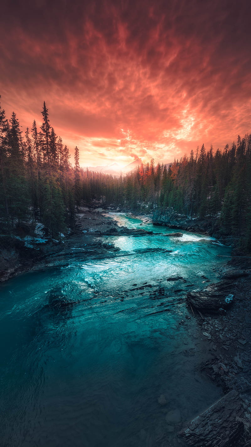 Emerald River, Calibreus, Doehler, Zach Doehler, art, artistic, color, colorful, dreamy, environment, fine art, landscape, moon, mountains, ocean, graphy, que, stars, sunrise, sunset, trees, vibes, water, HD phone wallpaper