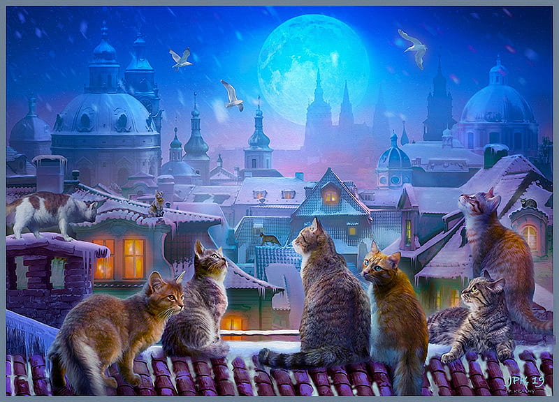 Assembly, city, moon, snow, ancient, painting, cats, winter, artwork, HD wallpaper