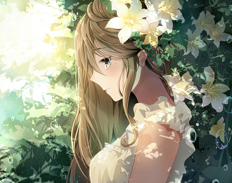 2k Free Download Anime Original Blonde Flower Girl Green Eyes Long Hair Original Anime