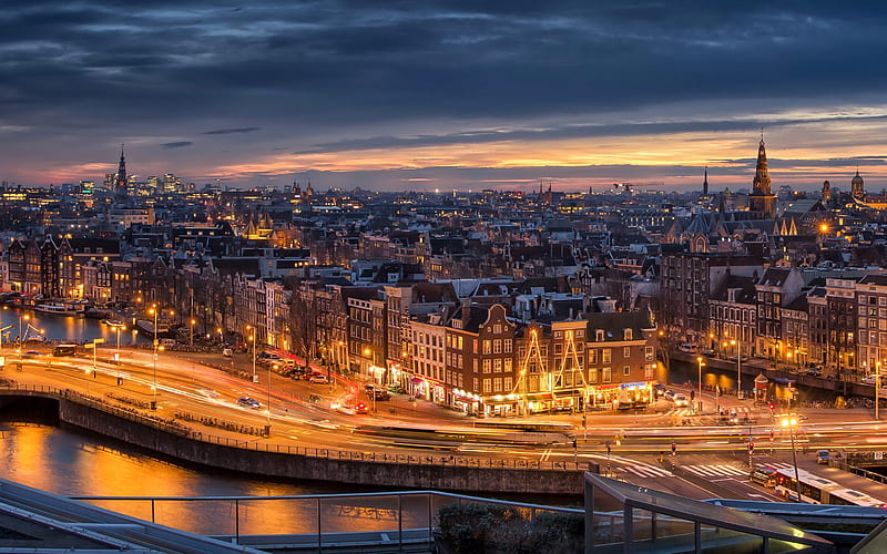 Amsterdam, Netherlands, cityscape, skyline, city lights, evening, HD wallpaper