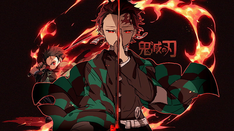 Demon Slayer Tanjirou Kamado With Red Eyes Having Sword With Background Of Black And Fire Anime, HD wallpaper
