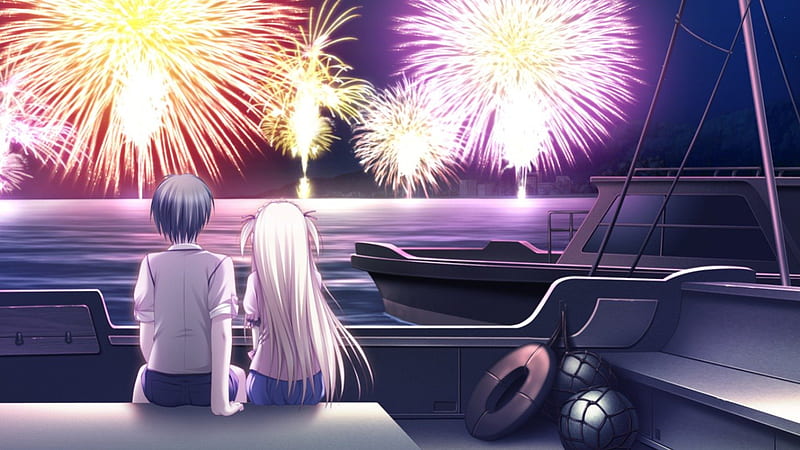 Fireworks, scenic, guy, sea, sweet, nice, boat, anime, love, anime girl, scenery, long hair, couple, night, female, male, lovely, romantic, romance, ocean, short hair, cute, boy, kawaii, water, girl, ship, lover, scene, HD wallpaper