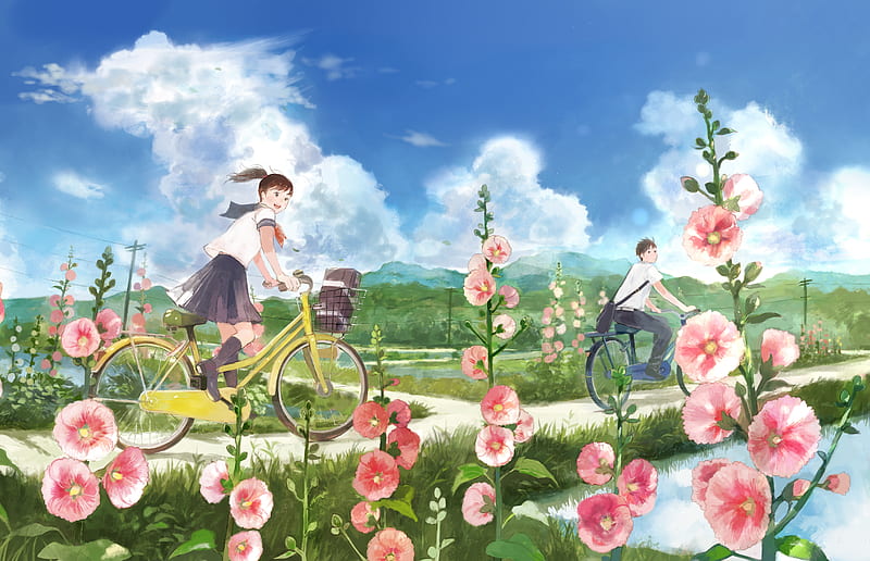 anime couple, summer, biking, school uniform, flowers, clouds, scenic, landscape, Anime, HD wallpaper
