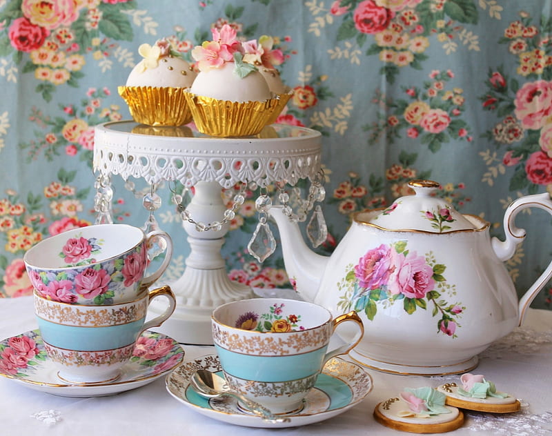 Afternoon Tea, saucers, high, party, pot, tea, kettle, noon, cups, biscuits, HD wallpaper