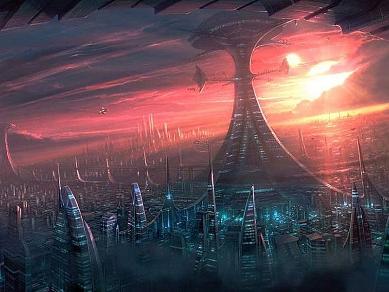 A future city, smog, sundown, red, clouds, HD wallpaper