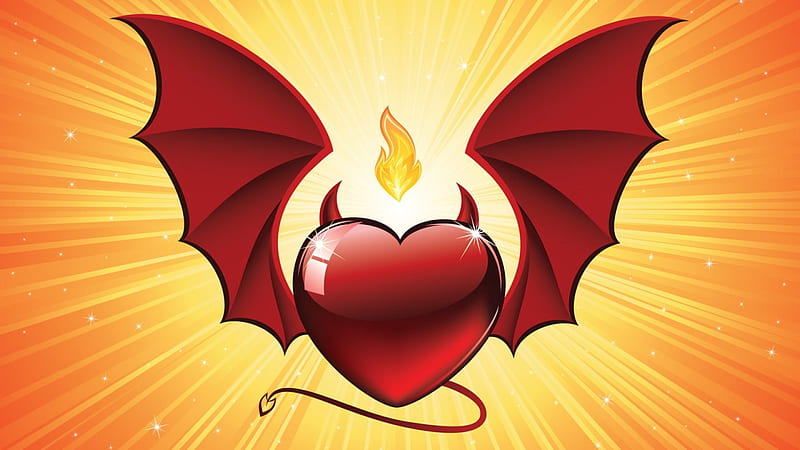 Hearted Devil, valentines, shapes, wings, tail, graphics, horns, 3D, love, heart, devil, vector, HD wallpaper