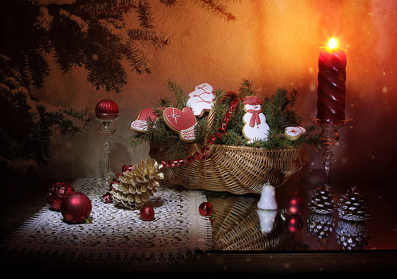 Holiday, Christmas, Basket, Bauble, Candle, Christmas Ornaments, Cookie, Pine Cone, Snowman, Still Life, HD wallpaper