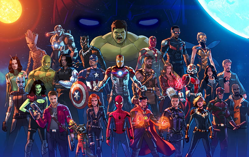 Marvel Cinematic Universe Artwork, iron-man, spiderman, drax-the-destroyer, winter-solider, jessica-jones, daredevil, hulk, captain-america, vision, war-machine, black-panther, thor, hawkeye, black-widow, ant-man, wasp, iron-fist, luke-cage, groot, rocket-raccoon, mantis, gamora, star-lord, captain-marvel, superheroes, artwork, digital-art, HD wallpaper