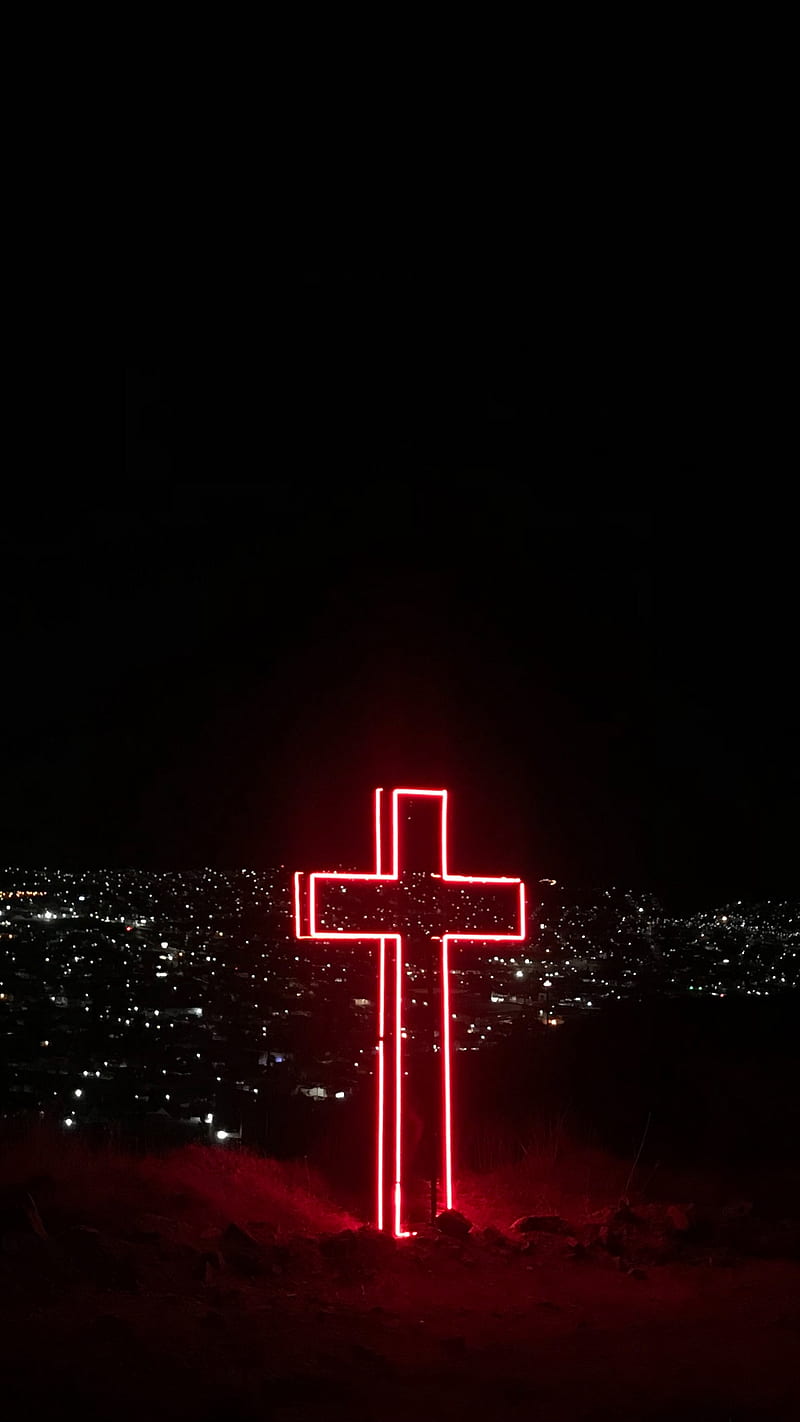 Cross, city lights, love, night city, overview, red, HD phone wallpaper