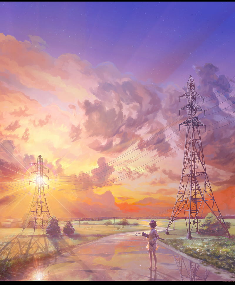 Everlasting Summer, anime, dusk, moescape, sky, clouds, power lines, ArseniXC, HD phone wallpaper