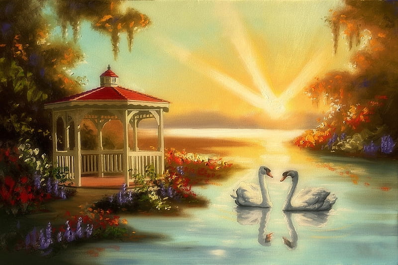 Swans at Dawn, lakes, dawn, love four seasons, spring, attractions in dreams, swans, paintings, summer, garden, nature, sunrise, gazebo, couple, HD wallpaper