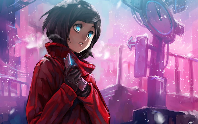 the streets, red jacket, bright blue eyes, mobil, yuki, winter, cold, cute, brunette, gloves, girl, snow, anime, street, HD wallpaper