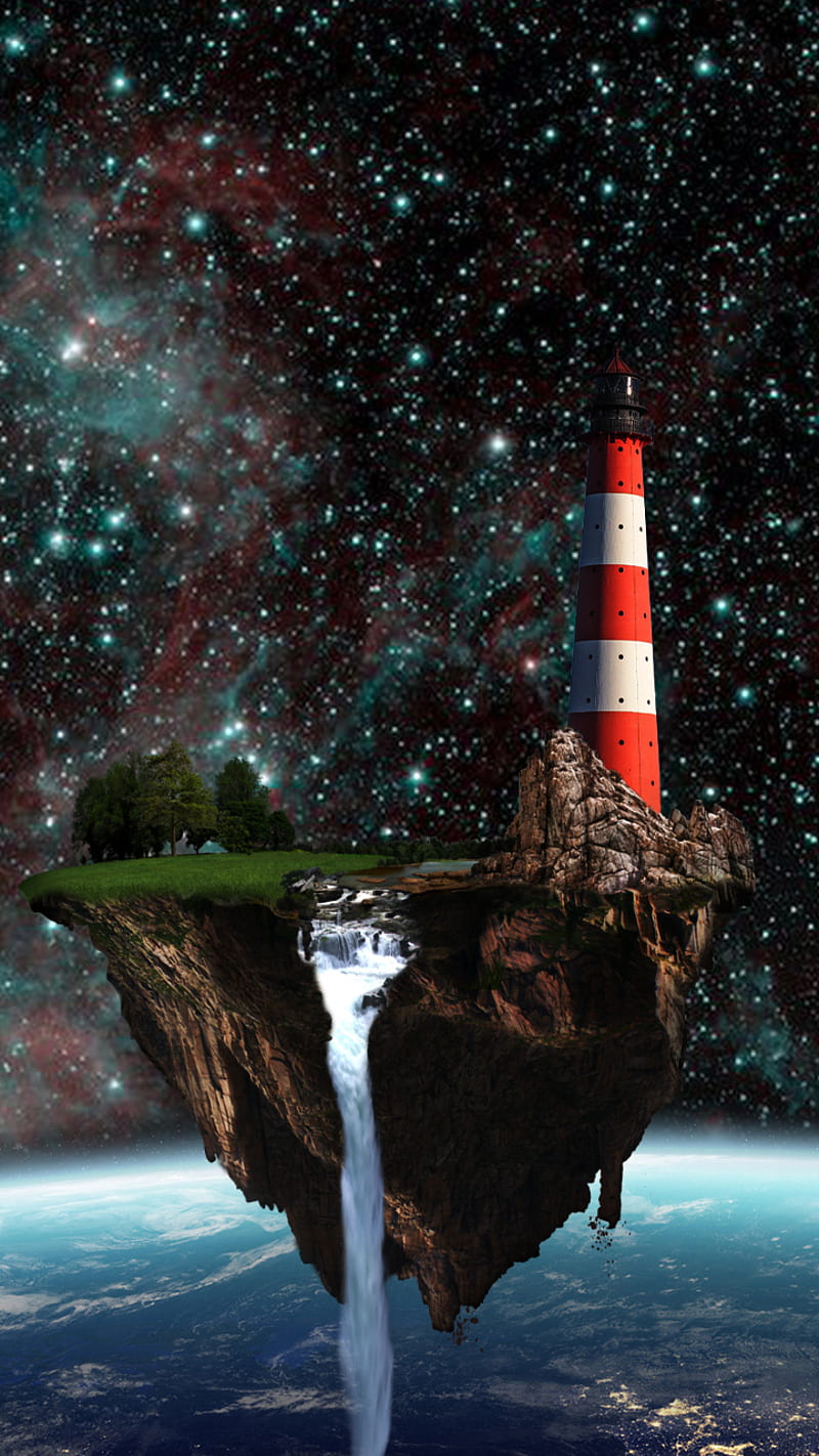 Floating Island, earth, light, lighthouse, ps2020, space, HD phone wallpaper