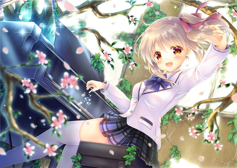 Nature's Melody, Nature, Blushing, Instrument, Anime Pianist, School Uniform, Anime Rocker, Piano, Seifuku, Big Eyes, Pianist, Flowers, Anime Girl, Gold Eyes, Anime, Musician, Smile, Silver Hair, Window, Branches, Petals, HD wallpaper