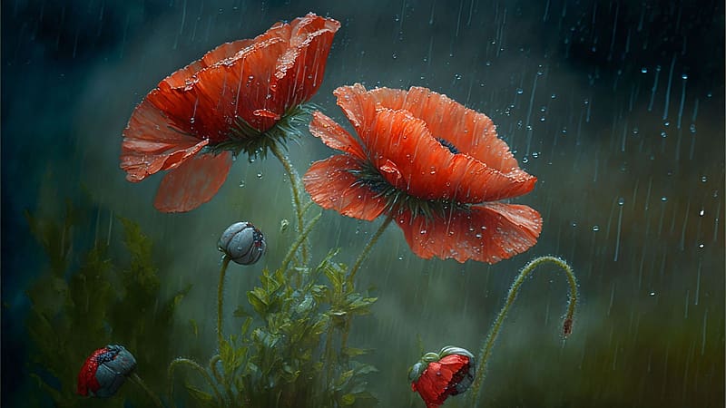 Poppies in the rain, plant, red, petals, blossoms, buds, HD wallpaper