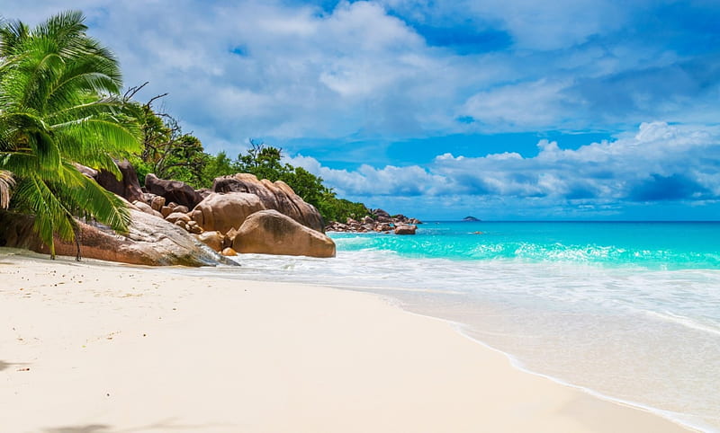 Tropical Beach, rocks, isle, shore, holidays, clouds, sea, beach ...