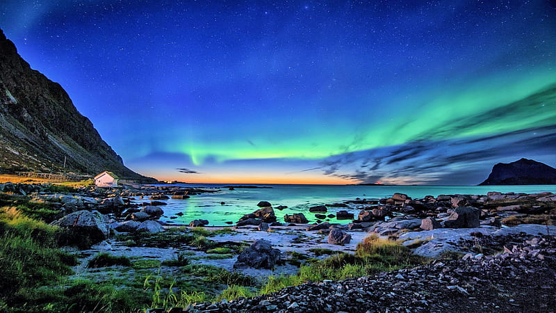 aurora borealis, northern lights, stones, stars, Nature, HD wallpaper