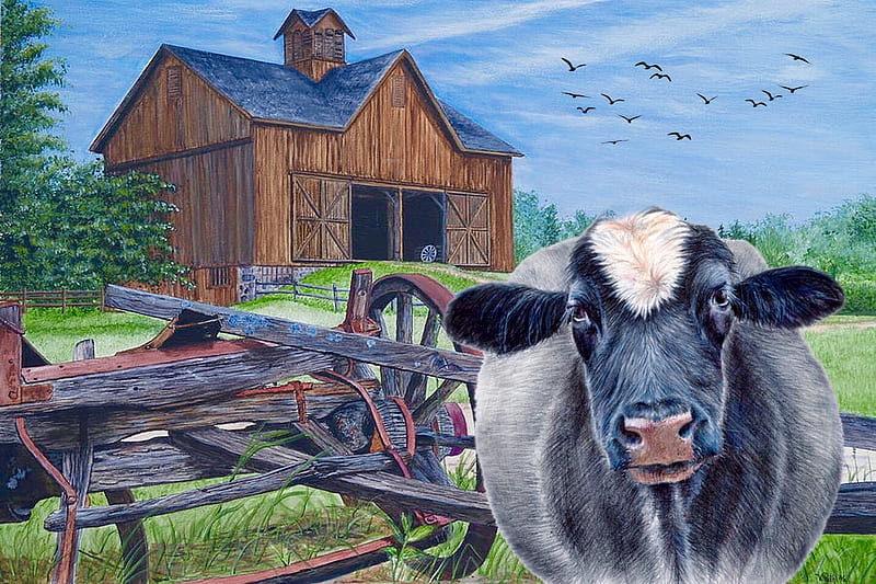 Cow Art, farm, Cow, painting, Plow, barn, HD wallpaper