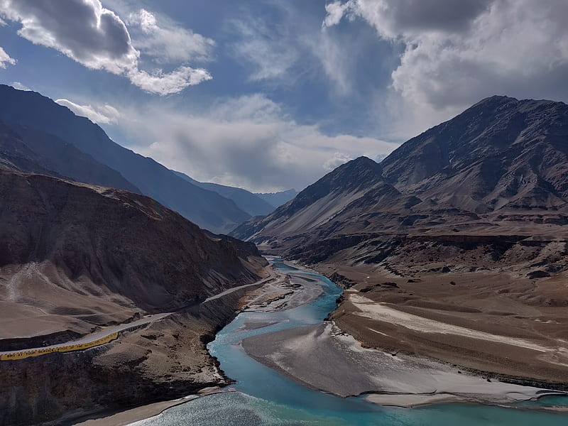 Sangam point, blue, clouds, indus, ladakh, landscape, mountain, river, sky, zanskar, HD wallpaper