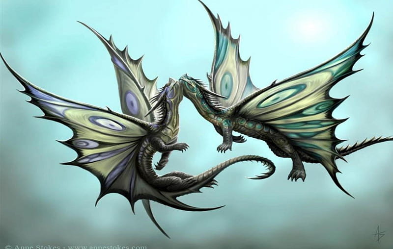 Dance of dragons, colorful, art, wings, abstract, dragons, fantasy dance, blue, HD wallpaper