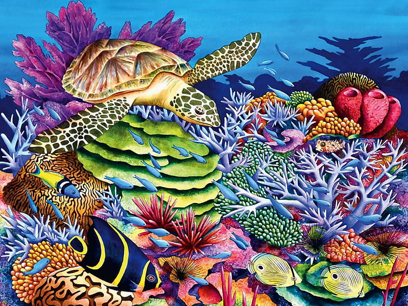 Sea Turtle Cove , architecture, art, fish, coral, bonito, artwork, sea turtle, painting, wide screen, seascape, waterscape, scenery, HD wallpaper
