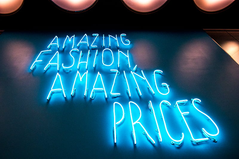 turned on blue amazing fashion amazing prices neon signages, HD wallpaper
