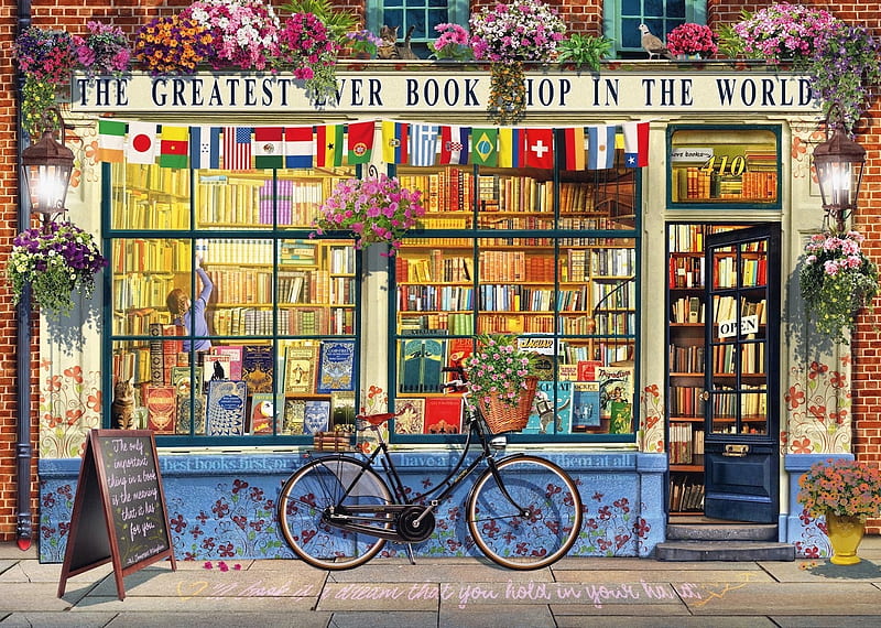 The Greatest Ever Bookshop, shop, flags, books, basket, flowers, cycle, HD wallpaper
