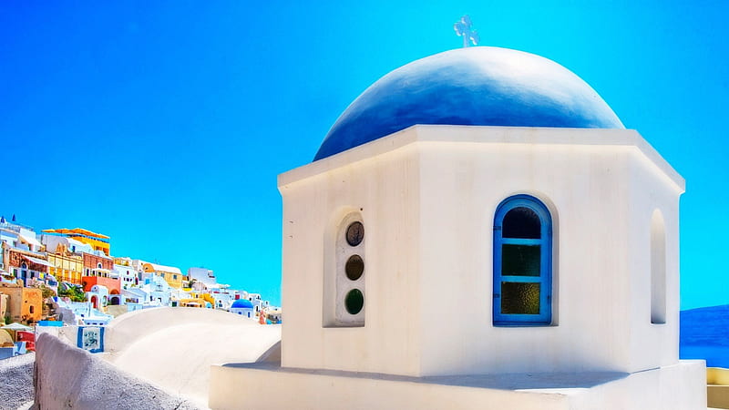 blue church dome in satorini greece, town, dome, church, sky, hill, HD wallpaper