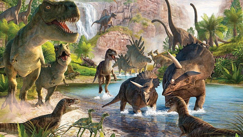 Diferentes tipos de dinosaurios en el paisaje de montaña dinosaurio, Fondo  de pantalla HD | Peakpx