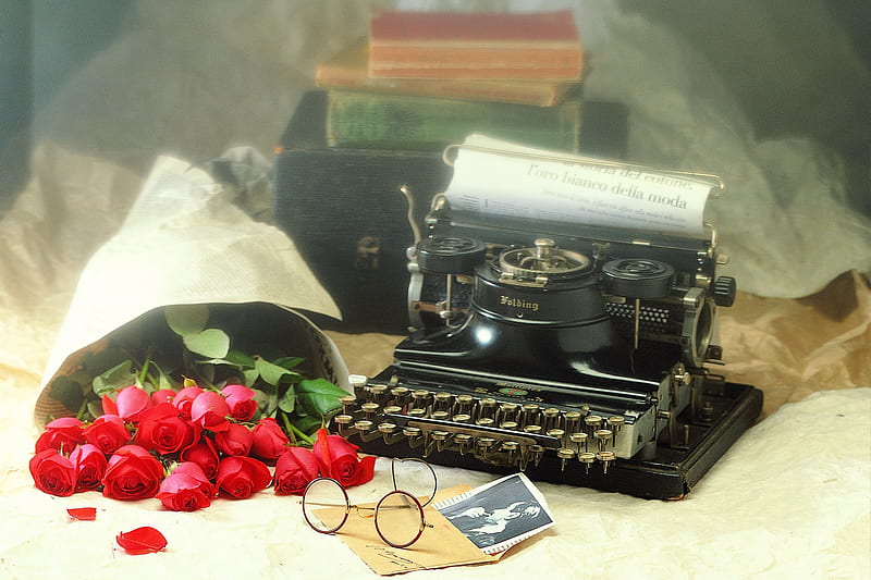 Still Life, red roses, red, pretty, newspaper, rose, books, glasses, book, box, bonito, graphy, flowers, beauty, letter, lovely, colors, roses, bouquet, nature, petals, HD wallpaper