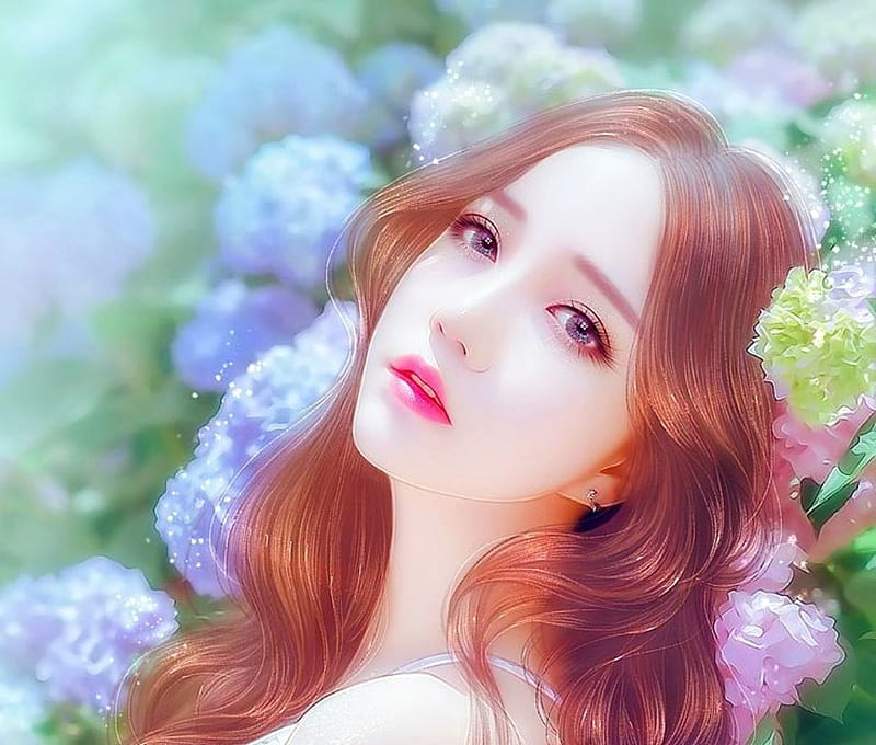 Beauty, hydrangea, luminos, redhead, fantasy, flower, asian, face, portrait, pink, blue, HD wallpaper