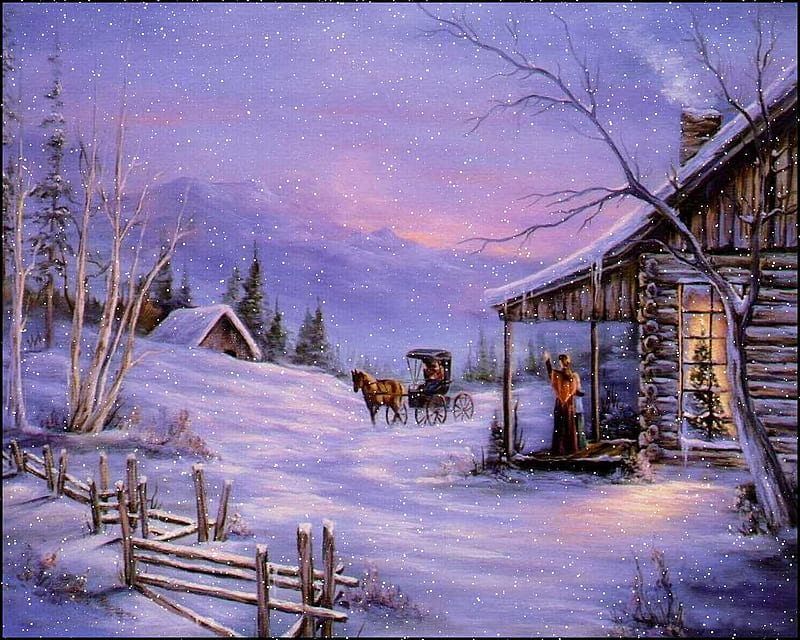 House of Christmas Past, fence, house, christmas, holiday, buggy, cabin, country, trees, horse, clouds, carriage, winter, snow, memory, snowflakes, mountains, HD wallpaper