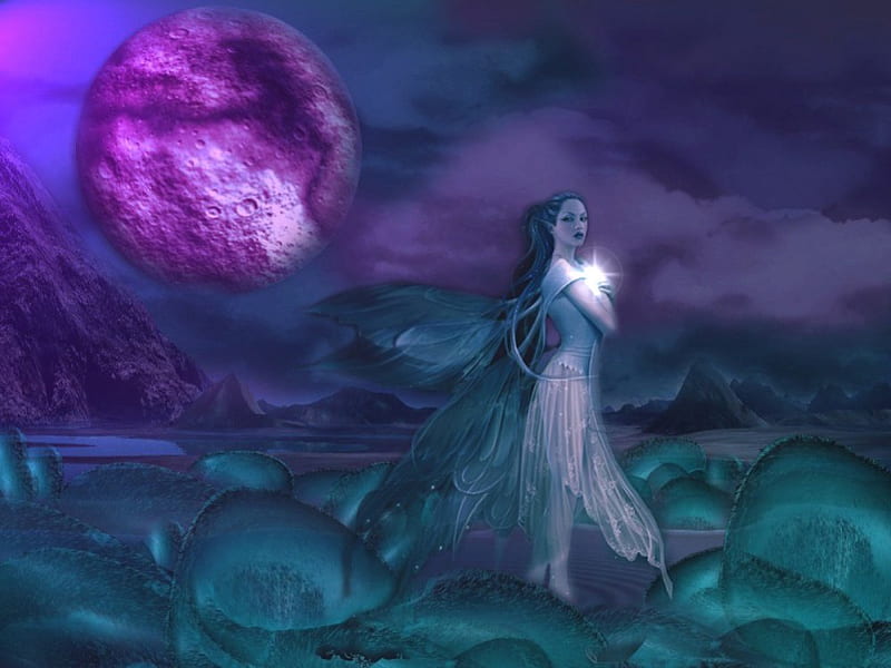 Girl with sparkle, fairys, fantasy, moon, dark, nature, abstract, sky, HD wallpaper