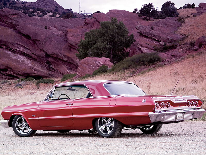 63 Impala, gm, chevy, red, bowtie, HD wallpaper