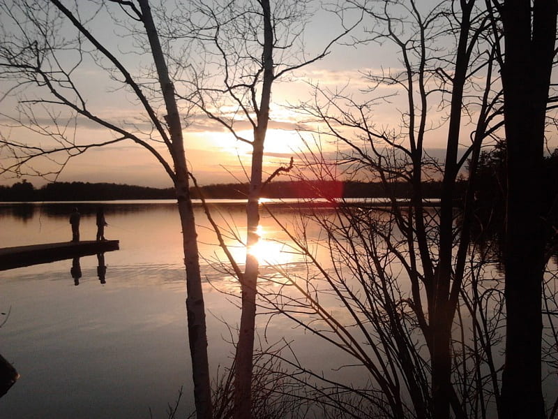 ~~; fishin ;~~, Eels Lake, sunset, trees, fishing, HD wallpaper
