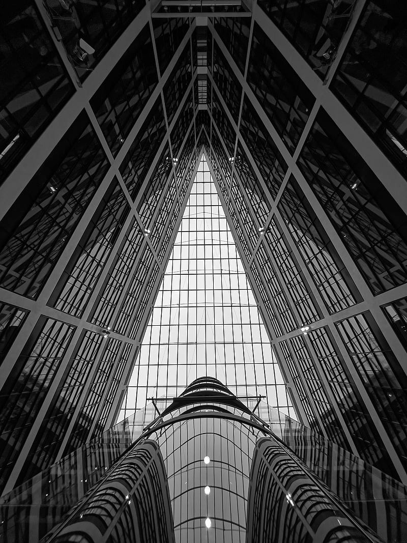building, roof, glass, architecture, bottom view, black and white, HD phone wallpaper