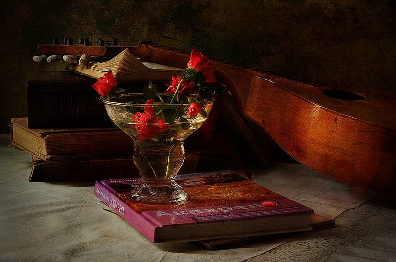 still life, red, pretty, rose, books, bonito, old, graphy, nice, flowers, harmony, lovely, music, roses, glass, water, cool, guitar, bouquet, flower, HD wallpaper