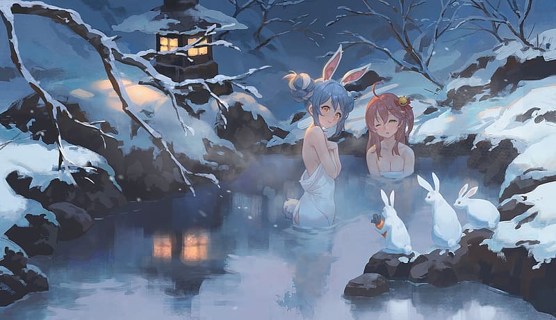 :), girl, manga, rabbit, winter, user 784951fec3d5ce0c, bunny, anime, iarna, ears, lantern, hot spring, water, HD wallpaper