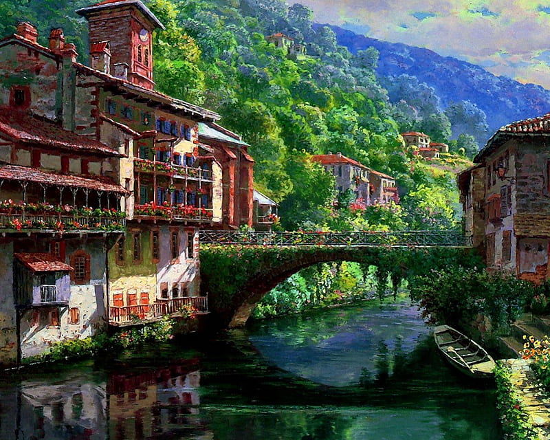 Old bridge, pretty, riverbank, bonito, old, mountain, nice, calm, boat, bridge, painting, village, river, reflection, art, quiet, lovely, houses, town, trees, lake, water, serenity, peaceful, summer, landscape, HD wallpaper