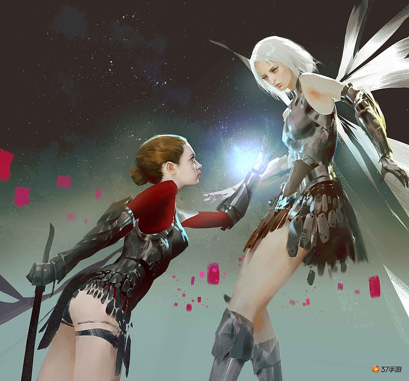 Fantasy girls, girl, fairy, couple, xiaoyu huang, fantasy, luminos, HD wallpaper