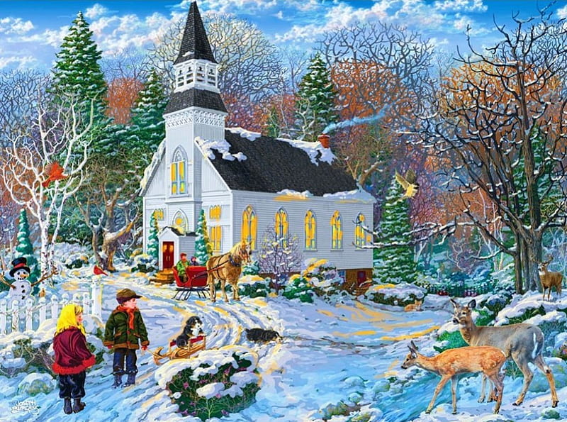 Snowy Winter Delight, snow, painting, children, church, trees, artwork ...