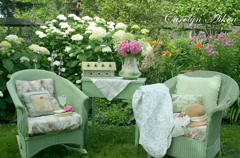 beautiful spot in the garden, table, still life, flowers, garden furniture, pillows, HD wallpaper