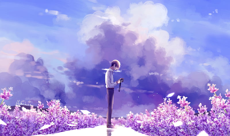 Animeguy Animemanga Clouds Digital Flowers Illustration Lavender, anime, artist, digital-art, HD wallpaper